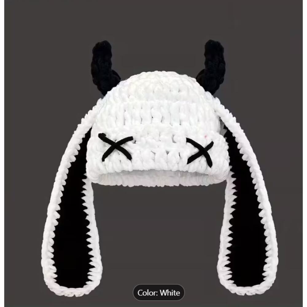 White Devil Horn Beanie Hat – Plush Winter Cap with Black Horns & X Eyes